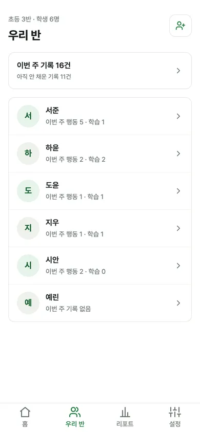 우리 반: 학생 목록과 이번 주 기록 건수